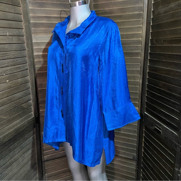 Ali Miles Electric Blue Button-Up Kimono Tunic Blouse Wire Collar Plus Size 1X - Picture 7 of 9